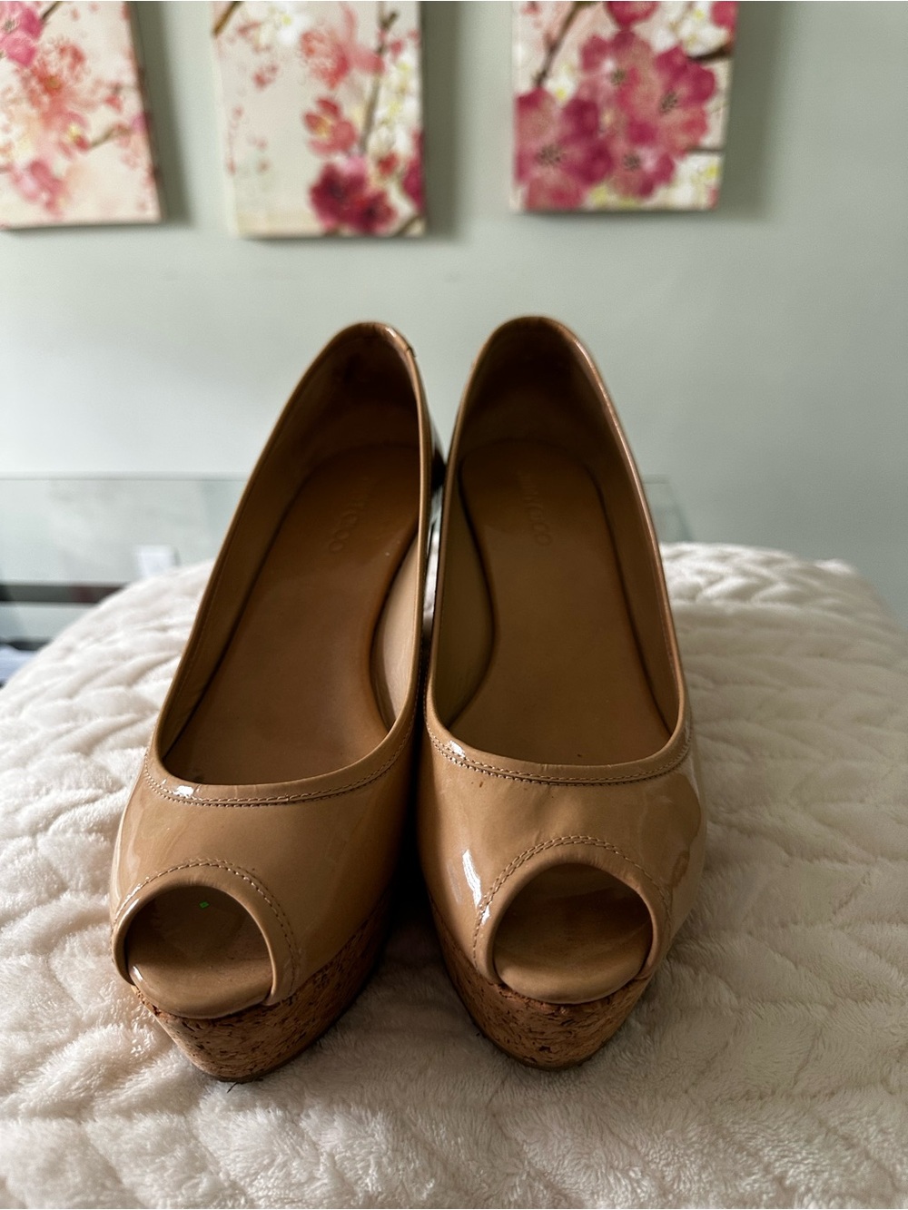 Jimmy Choo Nude Patent Peep-Toe Cork Wedge Pumps